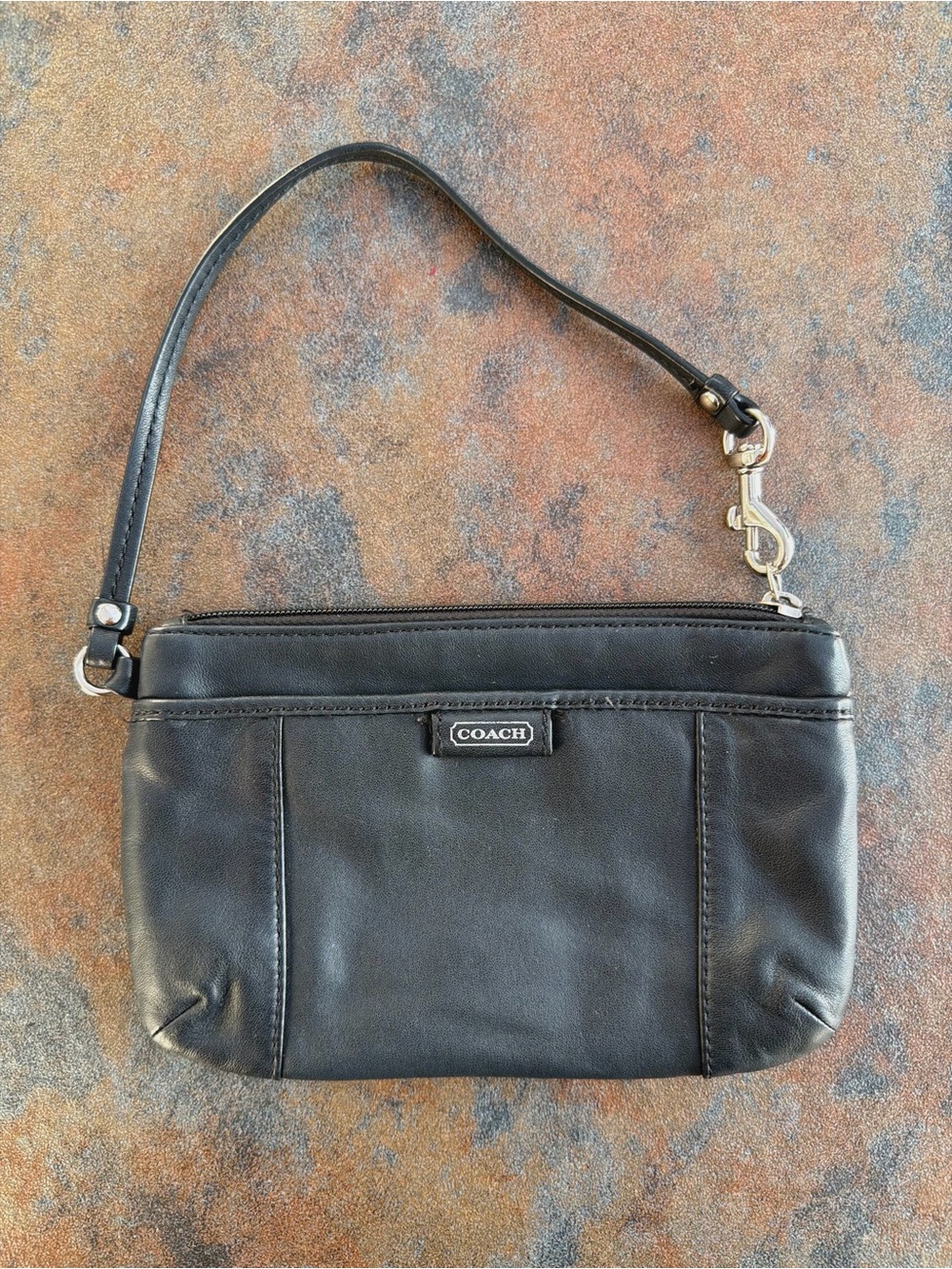 Coach Black Leather Wristlet Clutch with Silver Hardware